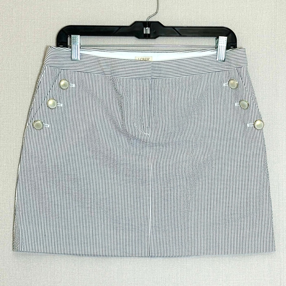 J.Crew Navy White Seersucker Sailor Mini Skirt Gold Button Size 6 Nautical